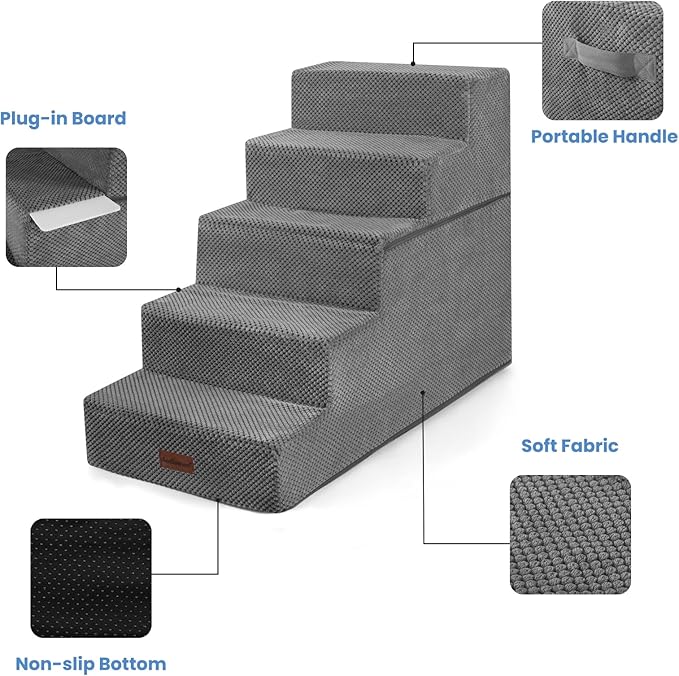 Dog Stairs for High Bed 22.6" H,5-Step Dog Steps for Small Dogs and Cats,Indoor Non-Slip Balanced Pet Stairs are Suitable for Puppy,Older Cat,Grey