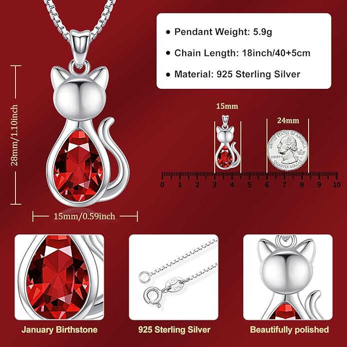 Odinstone Cat Birthstone Necklaces Jewelry Sterling Silver Cat Pendant Necklace Gift for Women Gifts, 18'' Silver Box Chain Women's Birthstone Crystal Cat Jewelry Gifts