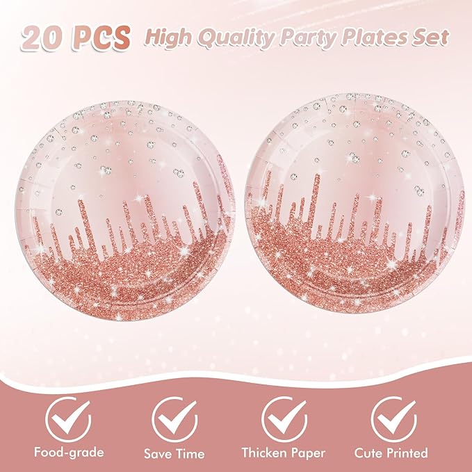 Rose Gold Birthday Party Decorations for Women Girls, Happy Birthday Party Supplies Includes 20 Plates, 20 Napkins and 1 Tablecloth, Pink Dimond Theme Decor for 13th 16th 18th 21st 30th 40th 50th