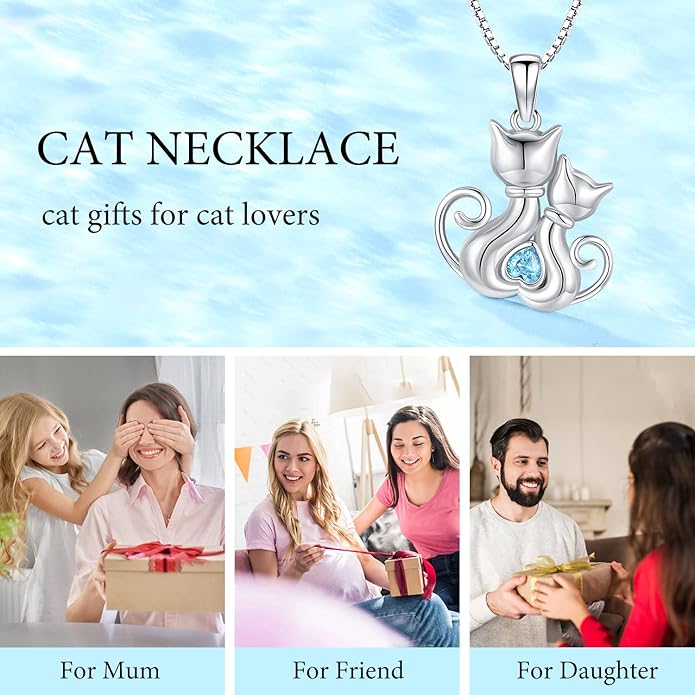 Odinstone Cat Necklace, S925 Sterling Silver Cat on Moon Pendant with Cubic Zirconia, Cat Jewelry Mothers Day Gifts for Mum with Gift Package - I Love You Forever
