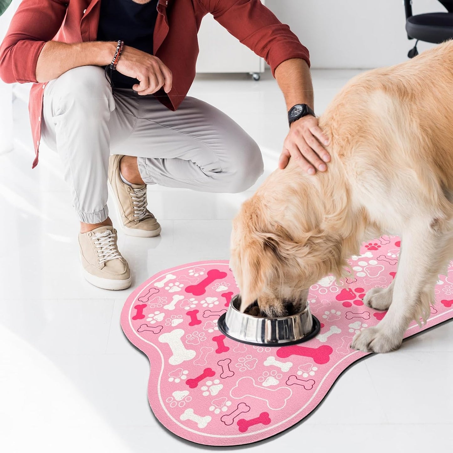 Dog & Cat Food Mat Bone Shaped Pet Feeding Mat Quick Absorb Water Bowl Placemat with Rubber Backing Indoor Floor Stain Resistant Pet Accessory Supplies (Light Pink, 17x29 Inches)