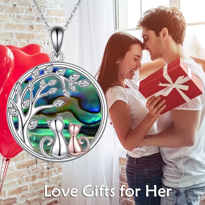 Celtic Moon Black Cat Necklace for Women - Abalone Tree of Life Sterling Silver Cat Lovers Jewelry