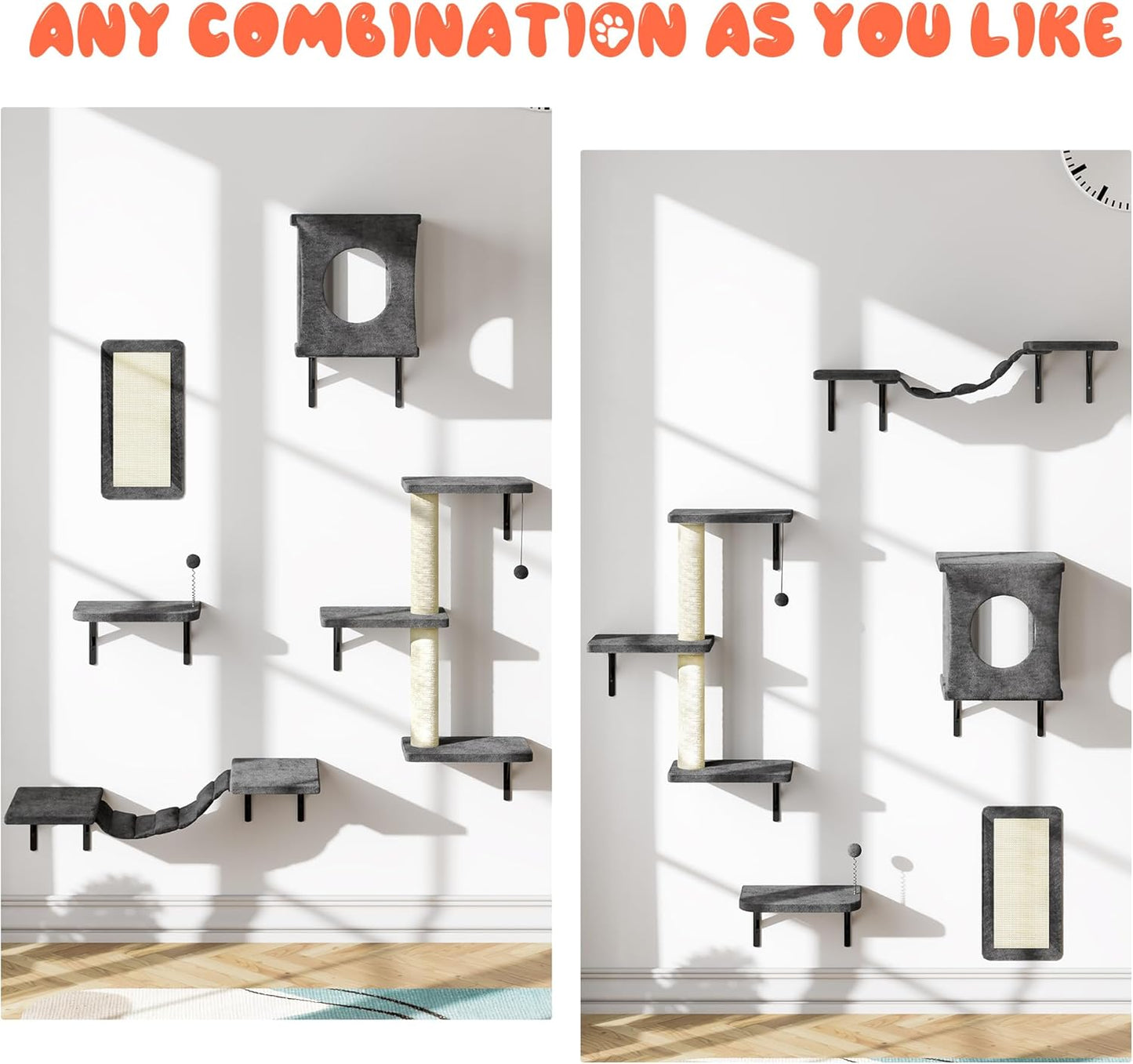 NUNU LAB Wall Mounted Cat Furniture, 5 Pcs Cat Wall Shelves with House, Bridge, Steps, Scratching Post, Shelves, Indoor Safe & Stable Furniture for Kittens Play, Gray