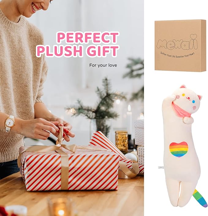 Rainbow Long Cat Plush Pillow, 25" Cute Kitten Stuffed Animal, Kawaii Cuddle Body Pillow Gift for Girlfriend Women Girls, Soft Hugging Plush Toy for Bed, Sofa or Room Decor