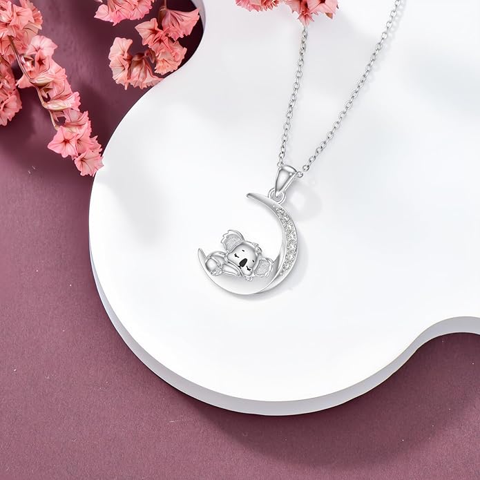 Diamond Black Cat/Red Panda/Sloth/Deer/Unicorn Necklace for Women 925 Sterling Silver Sleeping Animal and Moon Pendant with Lab Grown Diamonds Jewelry Gifts