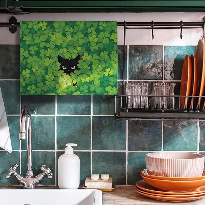 Lucky Clover Cat Green Kitchen Towels-Fun Irish Themed Dish Towels with Hidden Black Cat & Glowing 4-Leaf Design, Decorative Hand Towels for Kitchen Decor or Bathroom Accessories