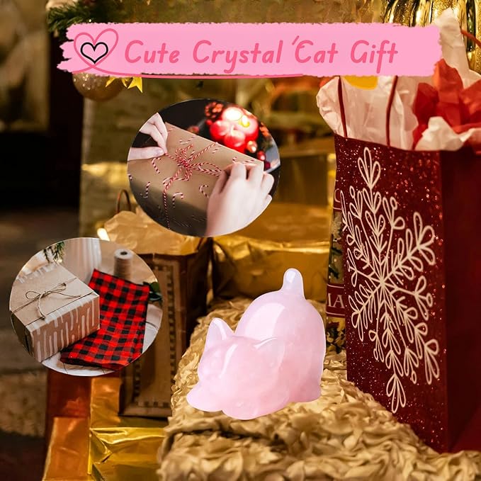 Rose Quartz Cat Crystal Statue Pink Carved Room Decor Figurines for Healing Stone Crystals Home Lazy Cute Sculpture Spiritual Natural Gemstones Cat Lover for Women Lovers