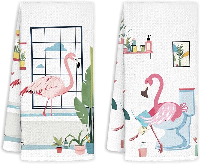 Pink Flamingo Decor Kitchen Towels for Bathroom Set of 2, Flamingo Bathroom Decor, Flamingo Gifts for Women, Cute Flamingos Waffle Weave Dish Towels 18x26 Inch