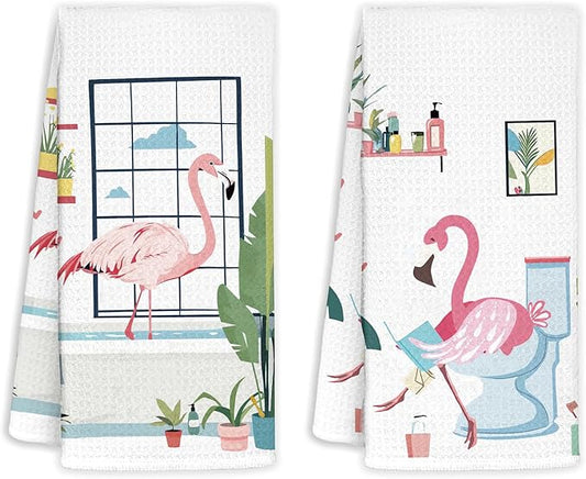 Pink Flamingo Decor Kitchen Towels for Bathroom Set of 2, Flamingo Bathroom Decor, Flamingo Gifts for Women, Cute Flamingos Waffle Weave Dish Towels 18x26 Inch