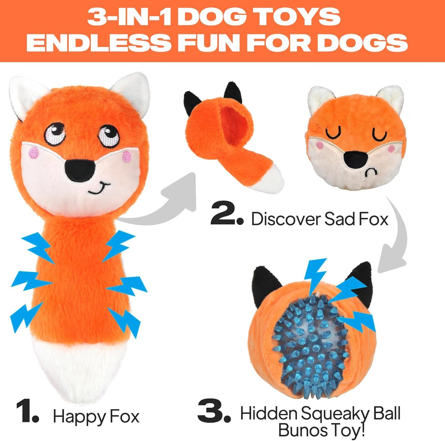 Fida Squeaky Dog Toys for Aggressive Chewers 3 in 1, Dog Chew Toys with 3 Layers,Interactive Dog Toys for Large Dogs Balls to Keep Them Busy for Small Medium Dogs(Fox)