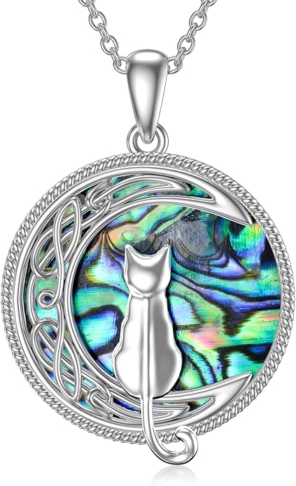 TOUPOP Cat Necklace Sterling Silver Abalone Shell Celtic Cat on the Moon with Abalone Shell Birthday Christmas Jewelry Gifts for Women
