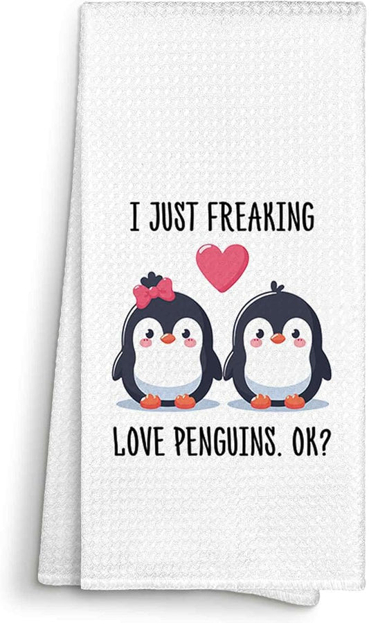 I Just Freaking Love Penguins Kitchen Towels Decorative Gifts for Penguin Lovers 16x24, Penguin Dish Towel Cloths Dishcloths Tea Towel, Penguin Bathroom Kitchen Hand Towel Decor