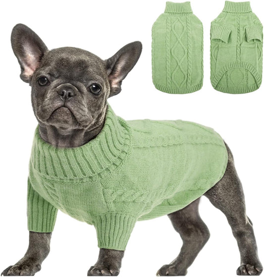 Queenmore Small Dog Pullover Sweater, Cold Weather Cable Knitwear, Classic Turtleneck Thick Warm Clothes for Chihuahua, Bulldog, Dachshund, Pug, Yorkie (Green, Large)