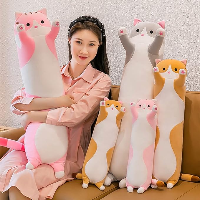 Long Gray Cat Plush Pillow Toy Sleeping Pillow Cute Cartoon Cat Stuffed Animals Soft Long Body Pillow Gift for Kids(27.55in)