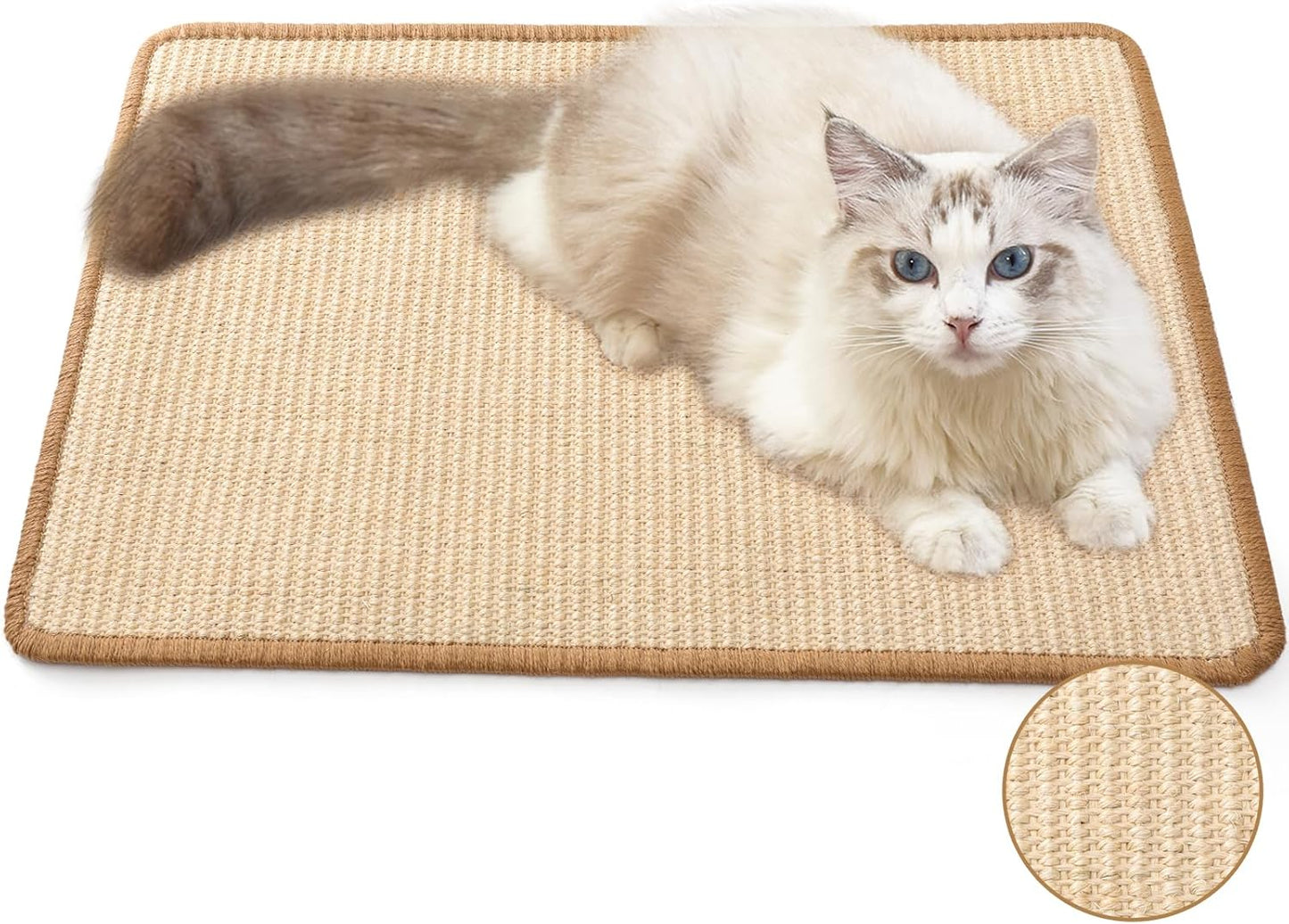 FUKUMARU Cat Scratcher Mat, 23.6 X 15.7 Inch Natural Sisal Cat Scratch Mats, Horizontal Cat Floor Scratching Pad Rug with Sticky Tapes, Protect Sofa and Carpet