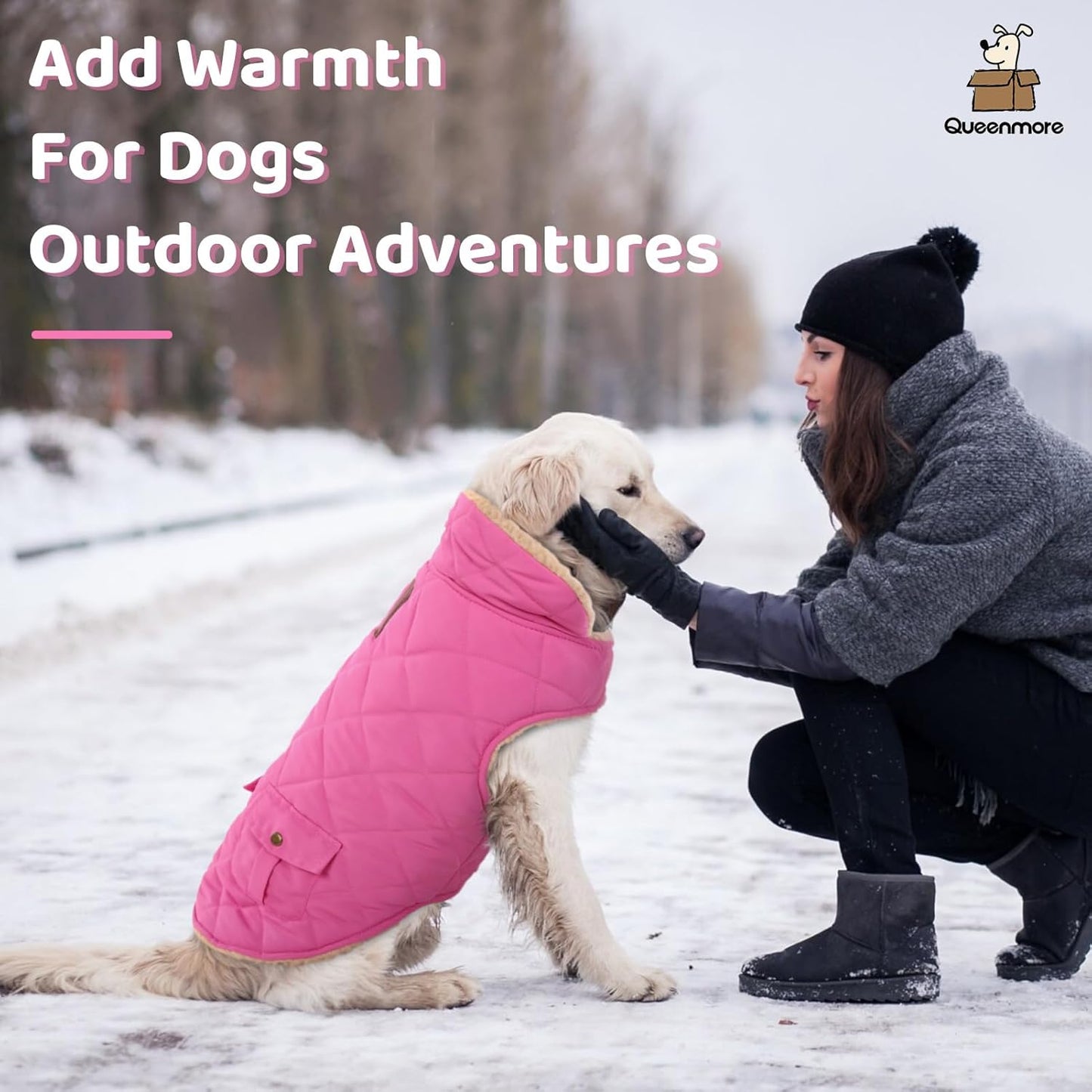 Queenmore Dog Winter Coat - Fleece Jacket, Waterproof Cold Weather Clothes, Thick Warm Cotton Padding, Easy On Storage Pockets (Pink, Large)