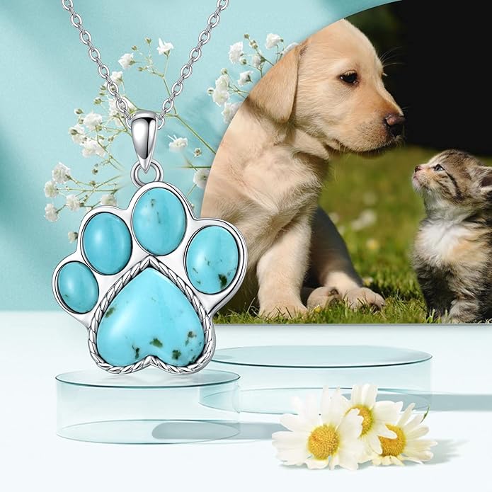 Paw Print Necklace 925 Sterling Silver with Genuine Turquoise/Larimar Dog Cat Kitten Puppy Footprint Pendant Animal Jewelry Gifts for Women Pet Lover
