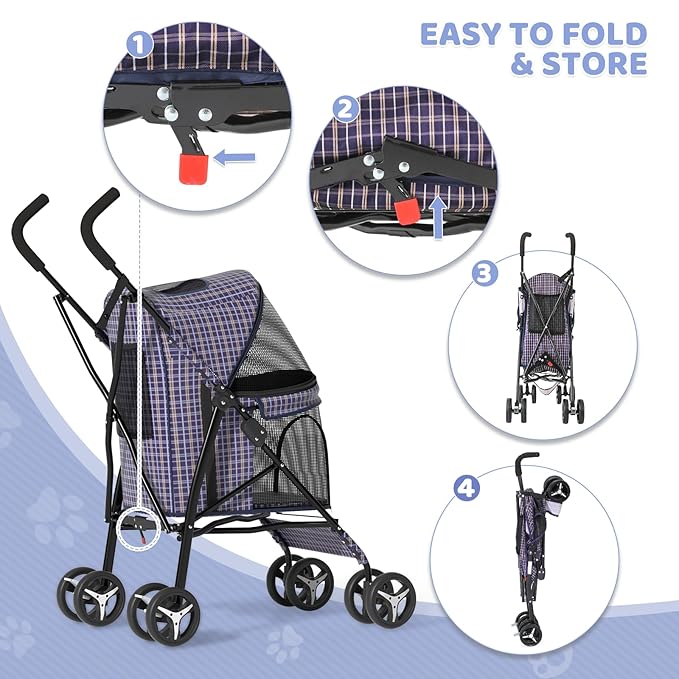 Magshion Compact Pet Stroller for Small-Medium Dogs/Cats up to 22lbs, 4-Wheel Lightweight Umbrella Shaped Portable Puppy Travel Jogger with Breathable Mesh & Rear Storage, Plaid