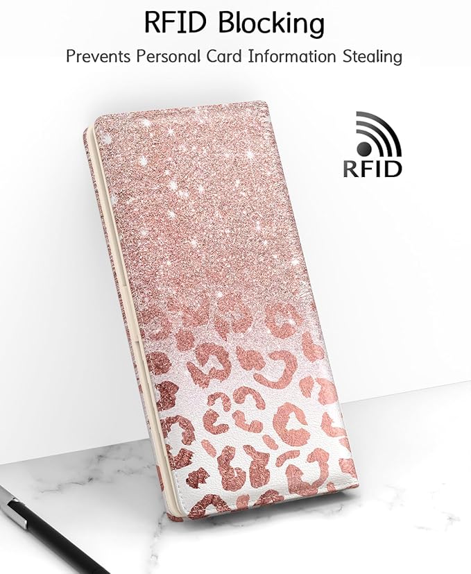 Nipichsha Womens Wallet, RFID Slim Wallets for Women, Thin Ladies Credit Card Holder Purse, Cute Leather Bifold Clutch Billfold with 11 Card Slots & ID Window, Pink Gilt