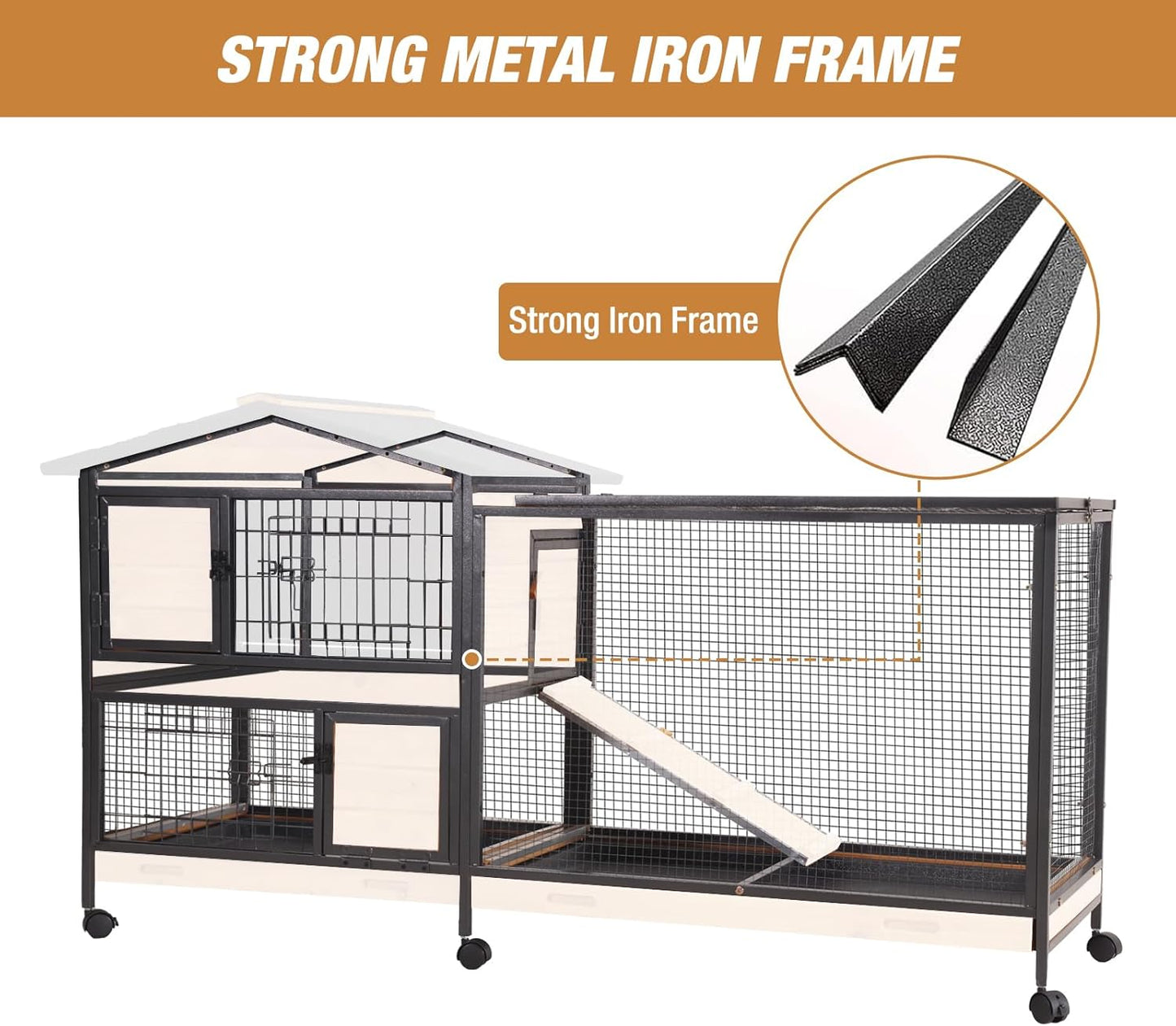 Rabbit Hutch Bunny Cage Strong Iron Frame Rabbit Cage Indoor and Outdoor Chicken Coop with Casters Waterproof Roof, Great for Rabbit,Bunny,Guinea Pig,Chickens.
