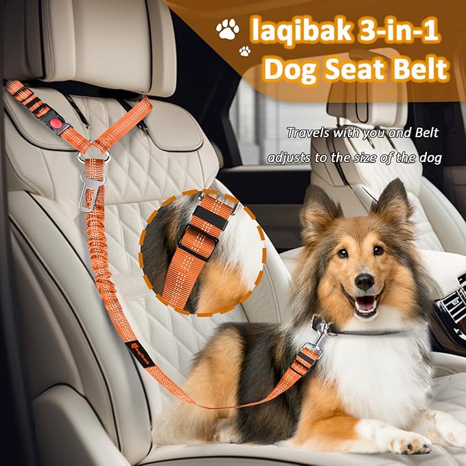 Removable Dog Seat Belt Harness for Car, 3 in 1 Pet Dog Car Seatbelt Leash, Retractable Restraint Secures to Vehicle Headrest & Adjustable Reflective Bungee Dog Seatbelt Tether,Orange