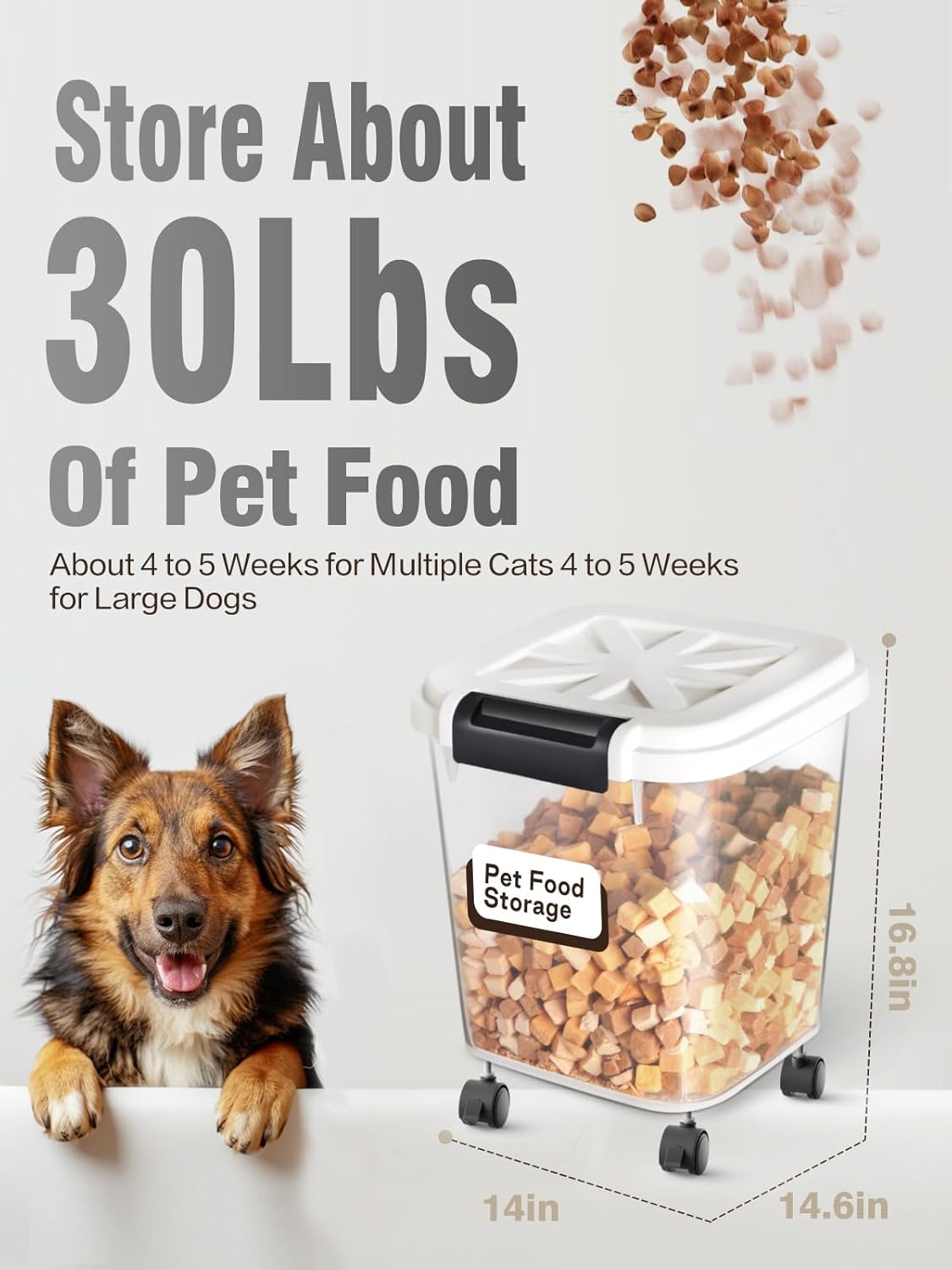 Airtight Rice Storage Container 50 lbs, Attachable Wheels, for Dog Cat Bird and other Pet Food Storage Bin, Keep Fresh, Easy Mobility, BPA Free, White