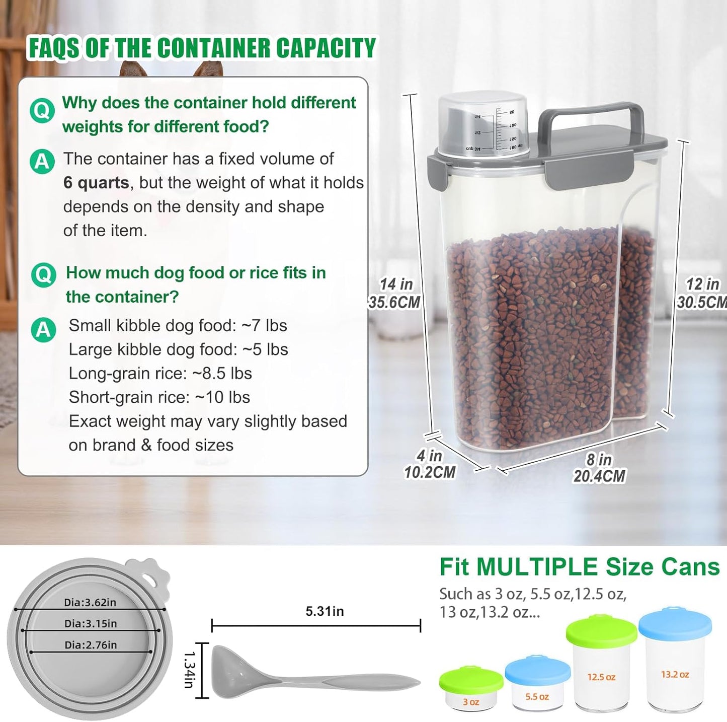 TBMax Pet Dog Cat Food Storage Container 5 to 7 lbs with Can Cover and Mixing Spoon, Airtight Pet Food Storage Dispenser with Large Spout & Measuring Cup for Kibble Dog Treat Bird Seed Container