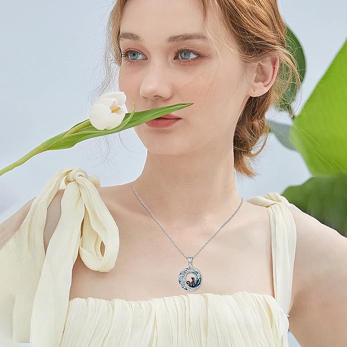 Odinstone Cat Necklace, S925 Sterling Silver Cat on Moon Pendant with Cubic Zirconia, Cat Jewelry Mothers Day Gifts for Mum with Gift Package - I Love You Forever