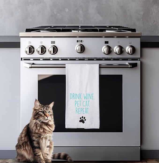 Chris's Stuff Kitchen Dish Towel - Flour Sack Cotton Dishcloth - Highly Absorbent - 27 x 27 Inches for Wine Lovers - Funny Quote Therapy (Drink Wine. Pet Cat. Repeat)