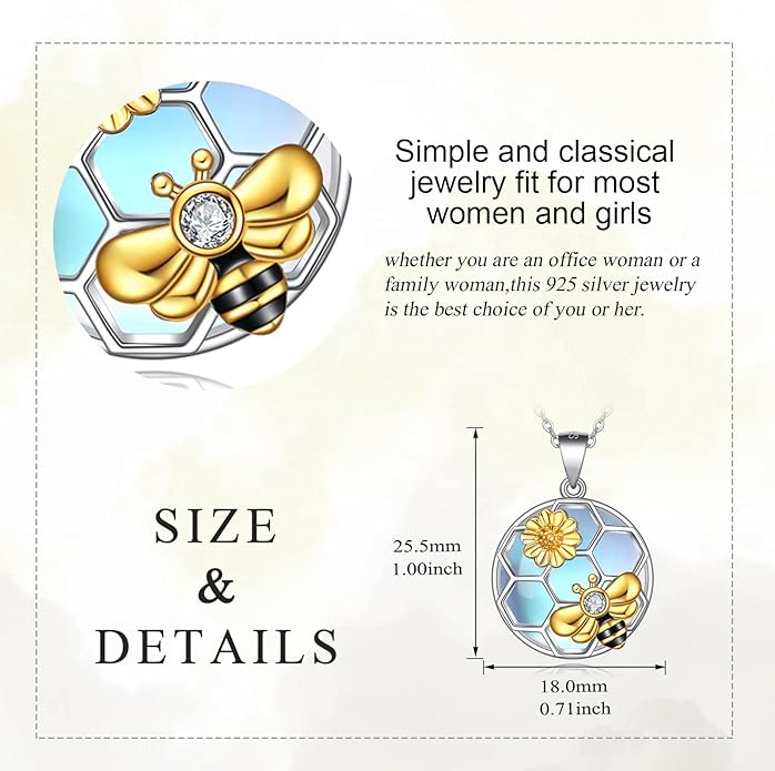 LUHE Bee Necklace 925 Sterling Silver Honeycomb Cute Flower Pendant Necklaces for Women Gifts for Her Women