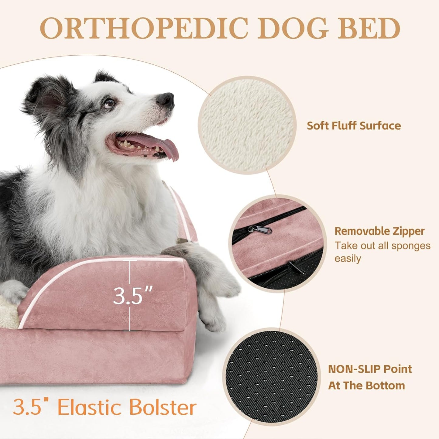 Comfort Expression Small Dog Beds Waterproof Orthopedic Foam Dog Sofa Beds for Medium Dogs Comfy Pet Bed with Washable Removable Cover & Non-Slip Bottom(Small,Pink)