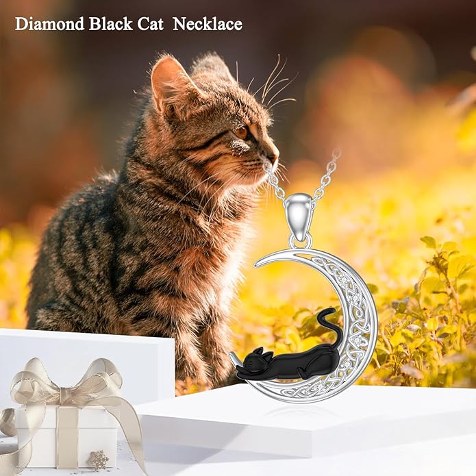 Diamond Black Cat Necklace for Women 925 Sterling Silver Cat on Moon Necklace Pendant Black Cat Jewelry Gifts for Women Mom Wife Girlfriend Daughter Girls