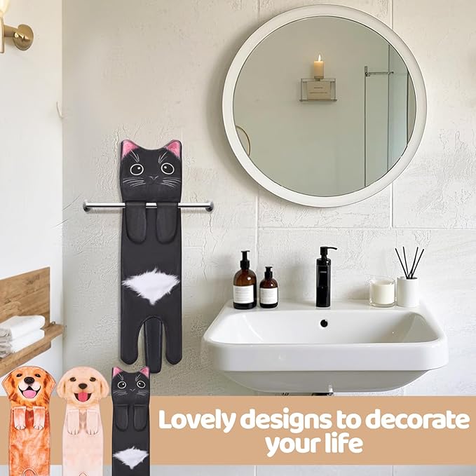 Funny Cat Hand Towels, 3 Pcs Cute Dog Hand Towels Decorative Washcloths Super Absorbent Soft Hanging Face Towels Housewarming Gift for Bathroom Kitchen