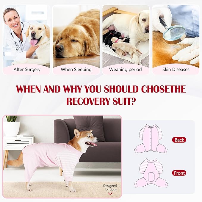 Dog Recovery Suit, Abdominal Wound After Surgery Wear, Anti Licking Bodysuit with Snaps, E-Collar & Cone Alternatives, Striped Dog Spay Surgical Pajamas Prevent Shedding(Large, Pink)