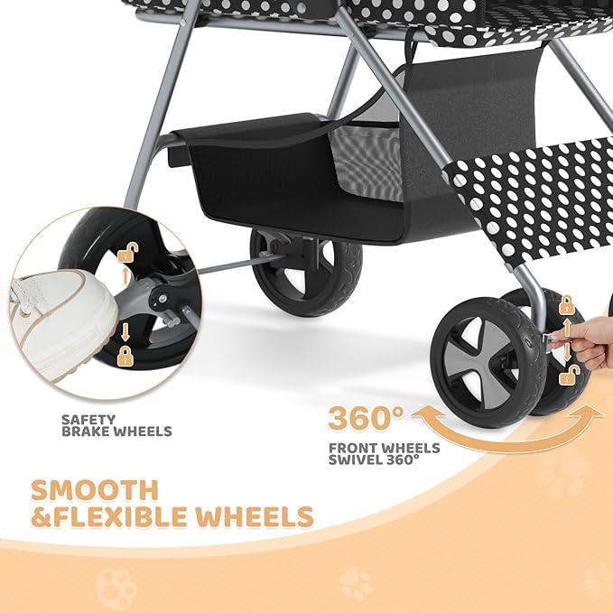 Magshion Foldable Pet Stroller, 3-in-1 Dog Travel Jogger with Detachable Carrier, Cup Holder, Storage Basket, Folding Carrier for Small/Medium Dogs & Cats Up to 33 lbs, Black Polka Dots