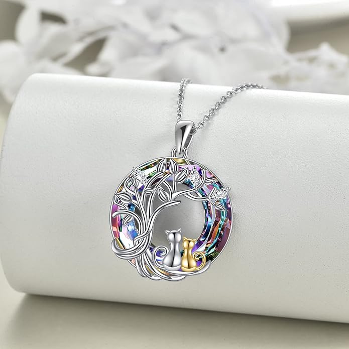 925 Sterling Silver Moon Black Cat Necklace for Women - Tree of Life Jewelry with Abalone Stone - Cat Lover Birthday Gift