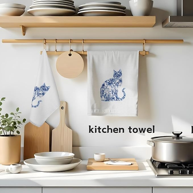 Chinoiserie Cat Kitchen Towels, Blue and White Grandmillennial Floral Cat Decorative Hand Towels for Bathroom, Cats Lover Mom Lady Gifts Dish Tea Towels for Kitchen, 16x24 Inch