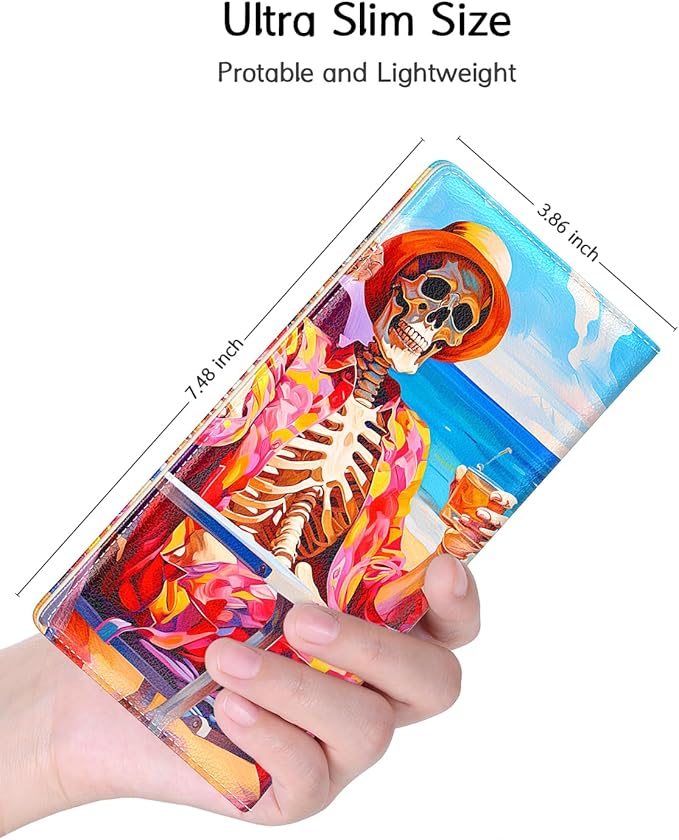 Nipichsha Womens Wallet, RFID Slim Wallets for Women, Thin Ladies Credit Card Holder Purse, Cute Leather Bifold Clutch Billfold with 11 Card Slots & ID Window, Beach Skull