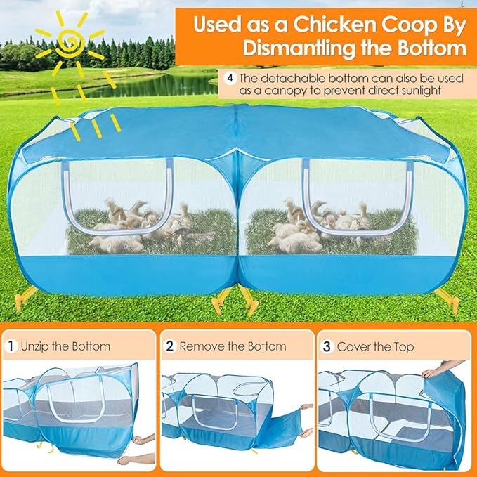 Lukovee Small Animals Playpen, Chicken Pen with Escape-Proof Detachable Bottom & 4 Zipper Doors, Breathable Foldable Portable Large Chicken Run Coop for Puppy Duck Kitten Rabbits Outdoor Yard (Blue)
