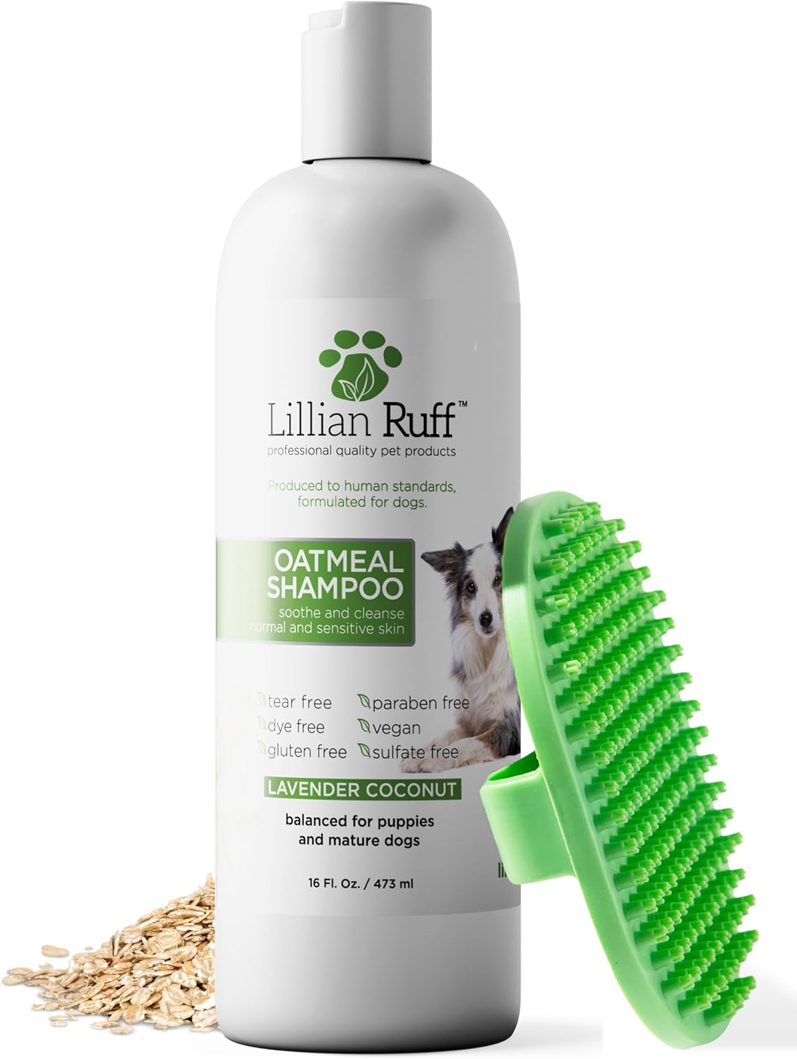 Lillian Ruff PRO Formula Deodorizing Oatmeal Dog Shampoo - Calms Itching & Allergies, Ultra-Nourishing Dry Skin Relief - Oatmeal, Aloe, Coconut Oil, Lavender & Provitamin B5 - Made in USA 16oz+Brush