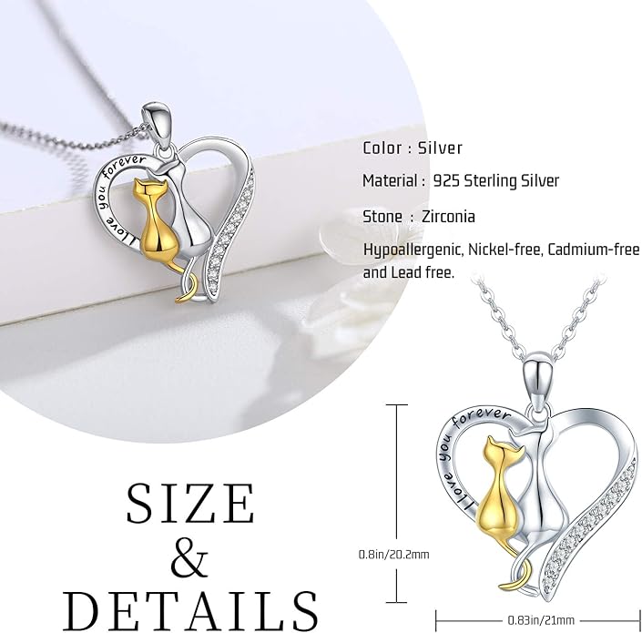 CHENGHONG Cat Necklaces 925 Sterling Silver Jewelry Cute Double Two-Tone Cat Pendant Cubic Zirconia Necklace I love you forever for Cat Lover Jewelry Gifts for Women