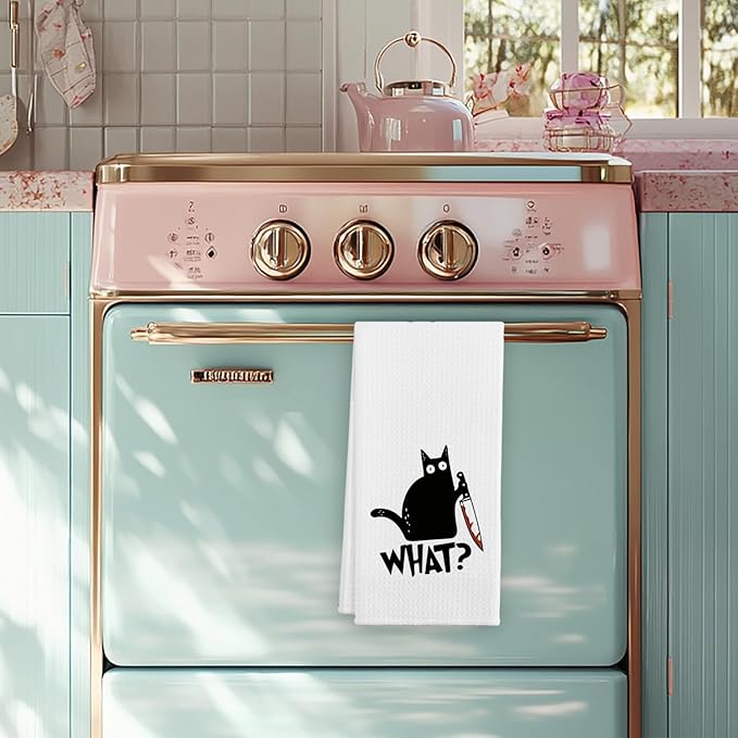 Funny Black Cat Kitchen Towels, Humorous What？Kitty Hand Towels, Funny Black Cat Lovers Mom Lady Owners Gifts for Bathroom Kitchen Decor Soft Dish Cloth for Women, 16x24 Inches