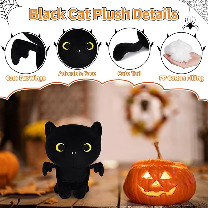 Halloween Cat Plush, Black Cat & Bat Plushies for Kids, Soft Stuffed Animal, Party Favor
