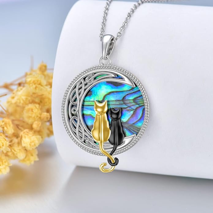 TOUPOP Cat Necklace Sterling Silver Abalone Shell Celtic Cat on the Moon with Abalone Shell Birthday Christmas Jewelry Gifts for Women