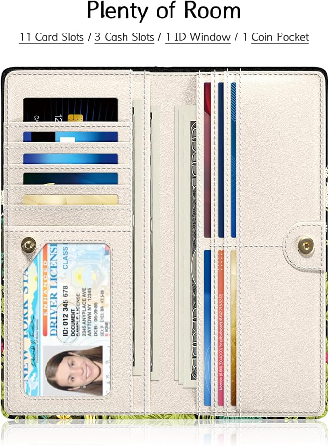 Nipichsha Womens Wallet, RFID Slim Wallets for Women, Thin Ladies Credit Card Holder Purse, Cute Leather Bifold Clutch Billfold with 11 Card Slots & ID Window, Dandelion