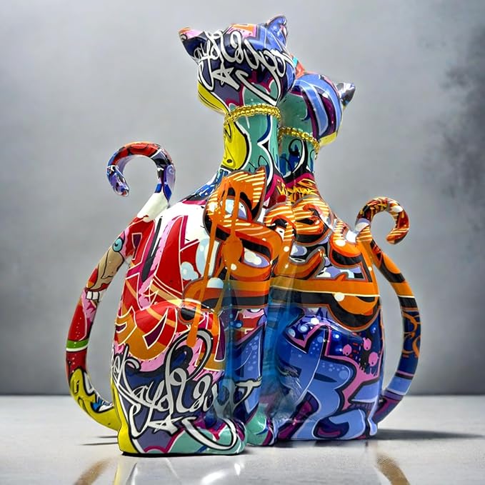 Colorful Cat Couple Lover Art Statue Figurine Sculpture, Cats Gifts for Cat Lover, Office Home Decor, Desk Accessories