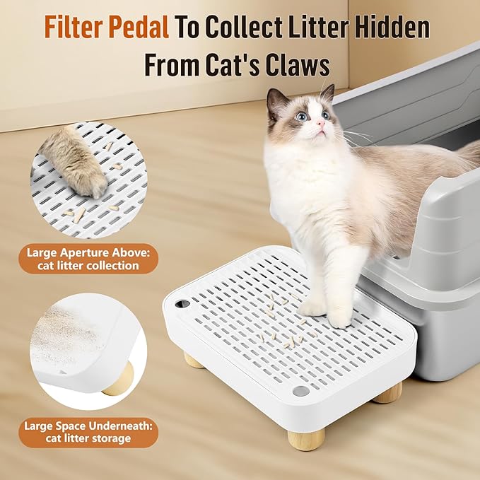 Cat Litter Box Step Ramp, Cat Litter Catcher Mat with Wooden Feet, Filter Function, Cat Pedal Stool for Self-Cleaning Cat Litter Box, Ideal for Kitten & Elderly Cats (White)
