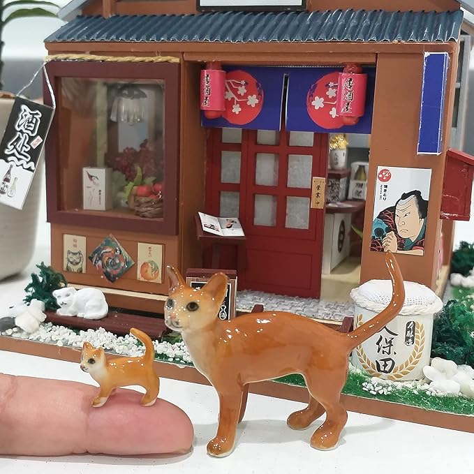 Ceramic Burmese Cat Mom and Baby Kitten Figurine Pet Kitty Porcelain Collectible Miniatures Dollhouse Hand Painted Animal Red Brown, 2.1 x 0.9 x 2 inches (L-W-H)