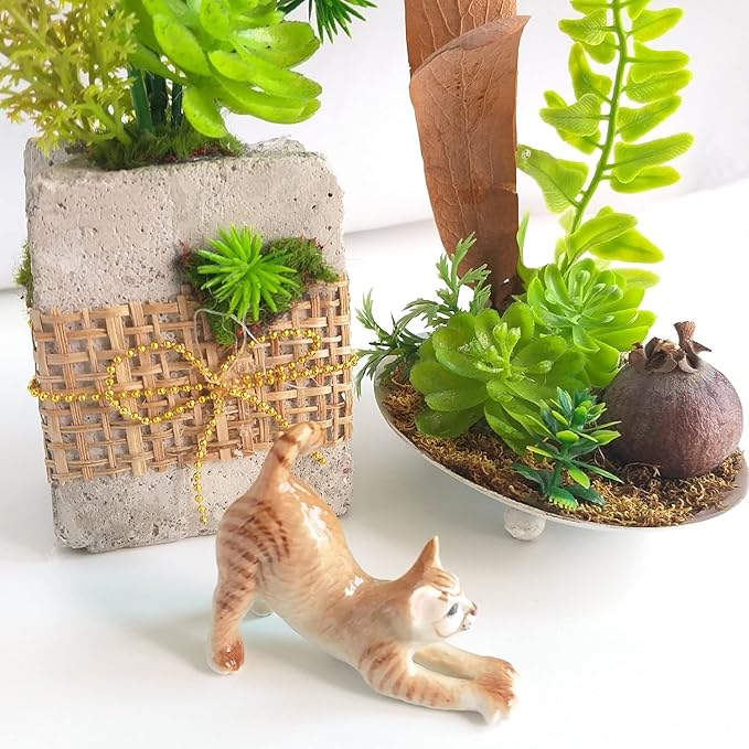 Ceramic Cat Figurine Porcelain Kitten Stretching Post Adorable Pet Kitty Collectible Miniature Hand Painted Animal Gift Decor Calico Brown Tabby