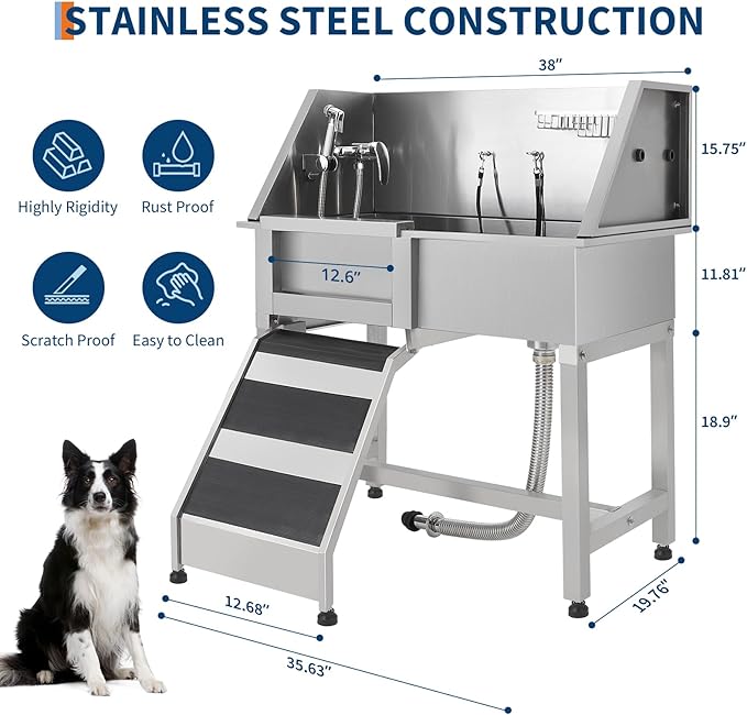 JoyJoy Stainless Steel Dog Washing Station - Dog Bath Tub for Large, Medium, Small Dogs, Pet Grooming Tub with Ramp, Non-Slip Grate, Shower, Soap Box, Faucet, Drain for Home & Outdoor（38"）